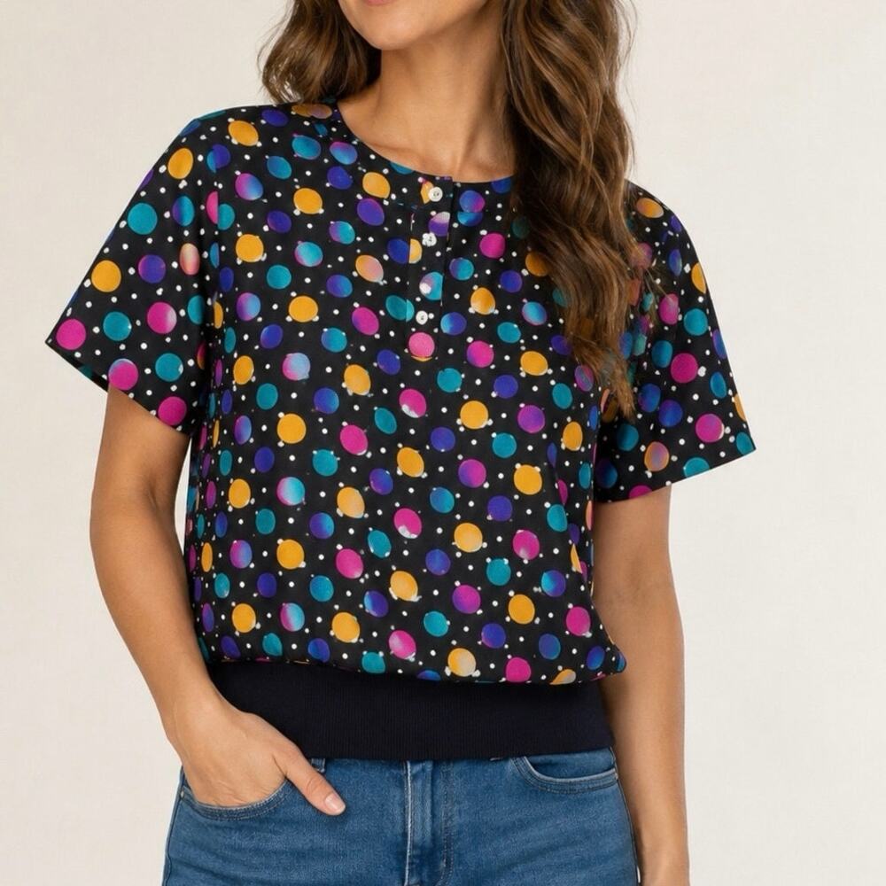 Vintage Notations Polka Dot Top Multicolor Short Sleeve Banded Hem  Retro M